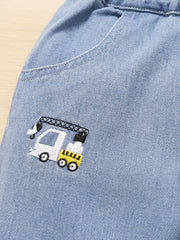 Boys Cartoon Excavator Embroidered Denim Long Pants