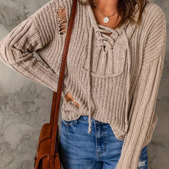 Casual Sweater Solid Chunky Ripped Lace Up Long Sleeve Hooded Pullover
