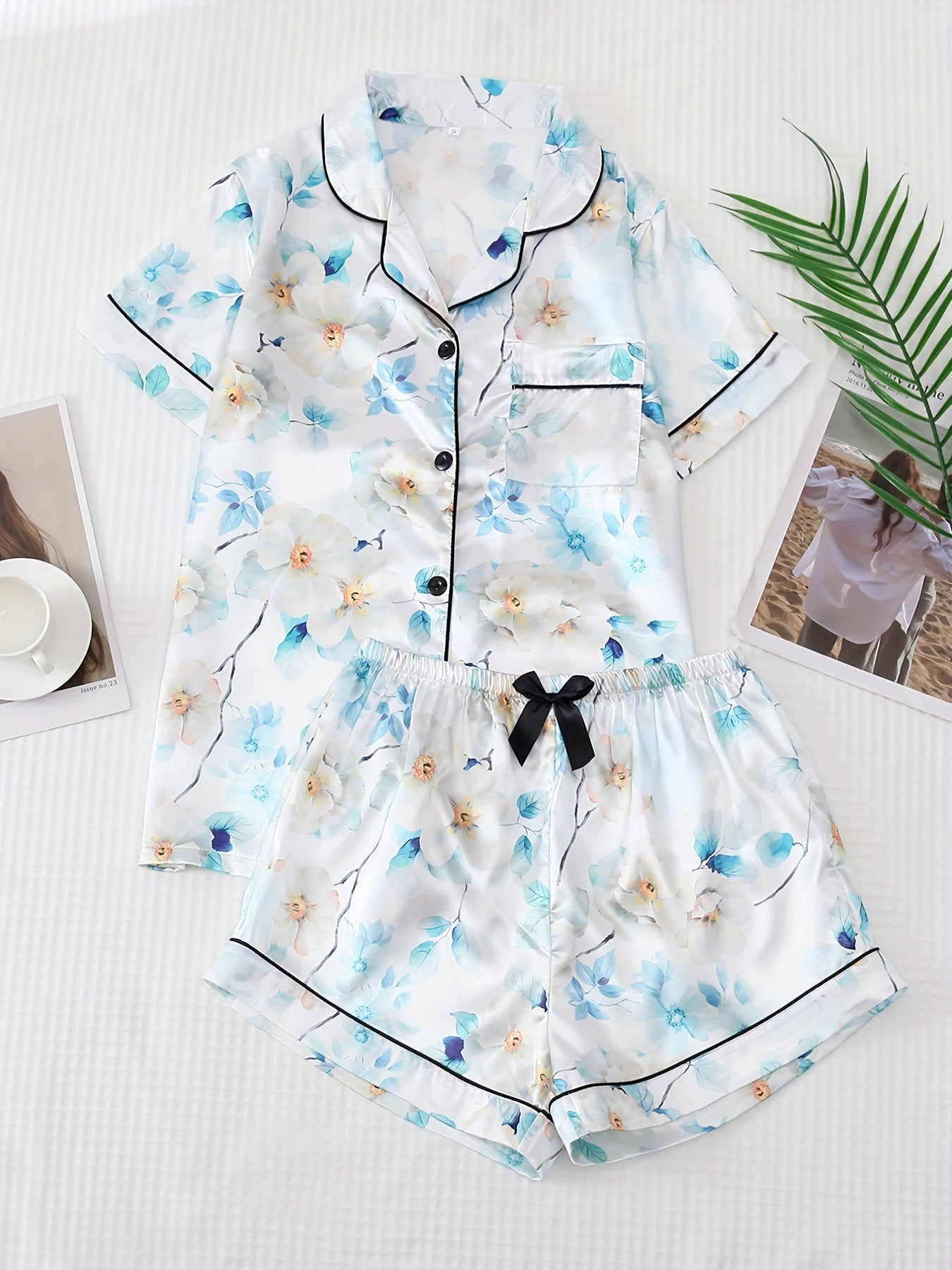 Flower Print Pajamas Set Short Sleeve Buttons Top And Shorts Pj Set