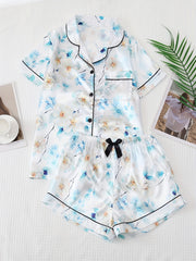 Flower Print Pajamas Set Short Sleeve Buttons Top And Shorts Pj Set