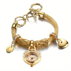 Golden Heart Bracelet Watch with Faux Diamond Studded Quartz Alloy