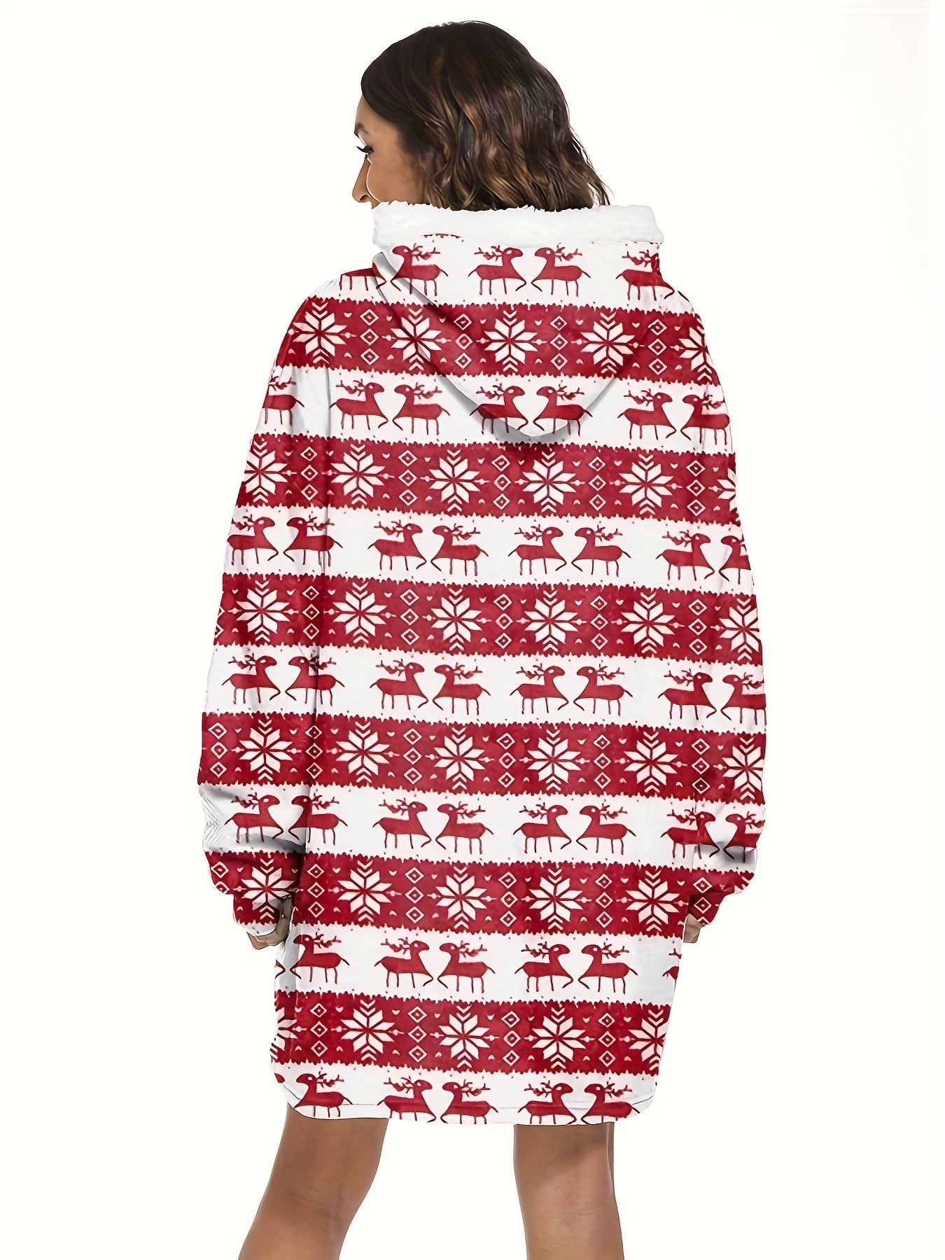 Elk Print Long Sleeve Hooded Top with Pockets Women's Loungewear