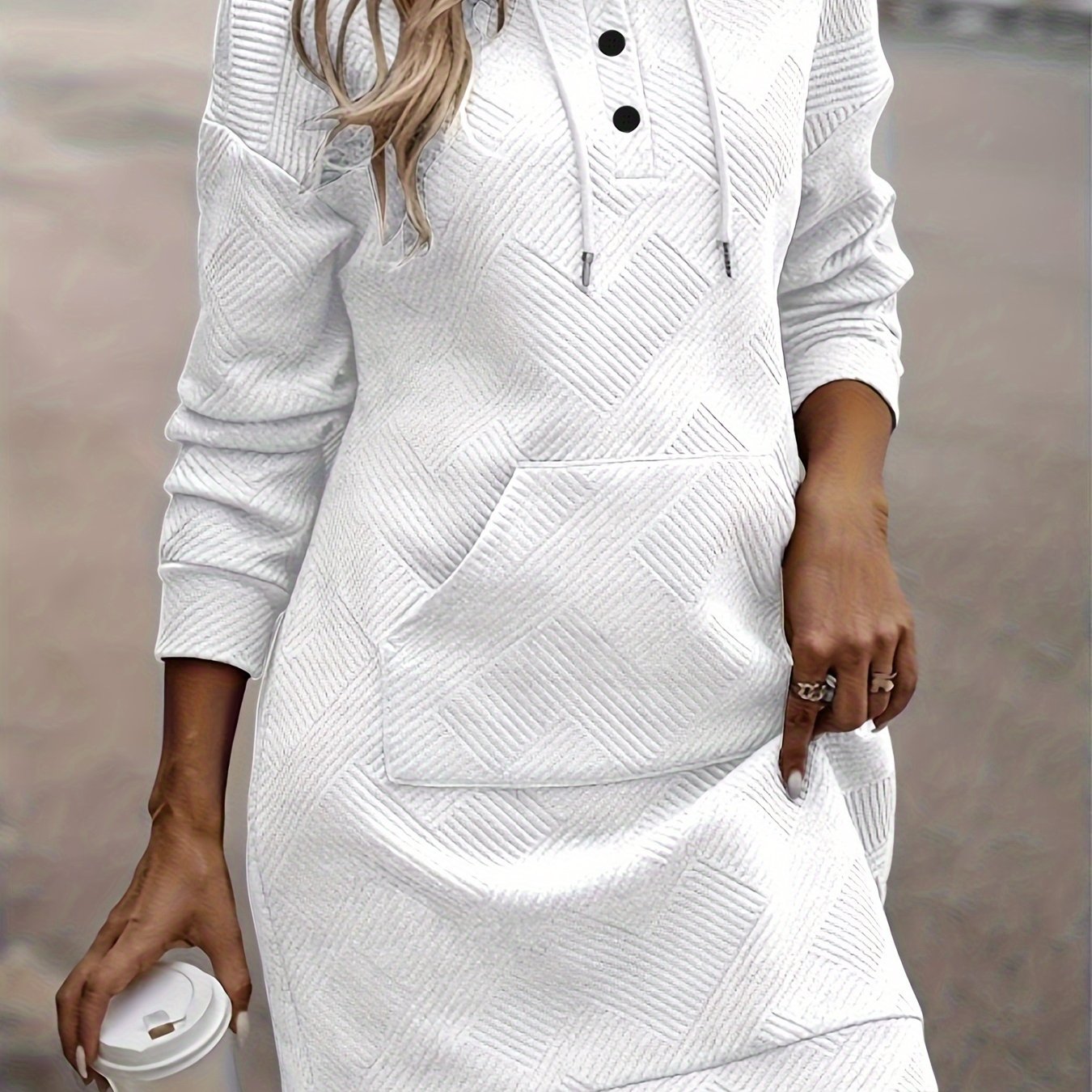 Solid Jacquard Hoodie Sweatshirt Dress