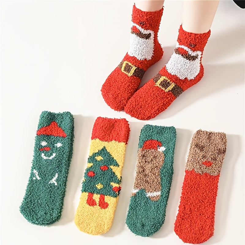 5 Pairs Cartoon Print Fuzzy Socks Warm Christmas Mid Tube Women's Stockings