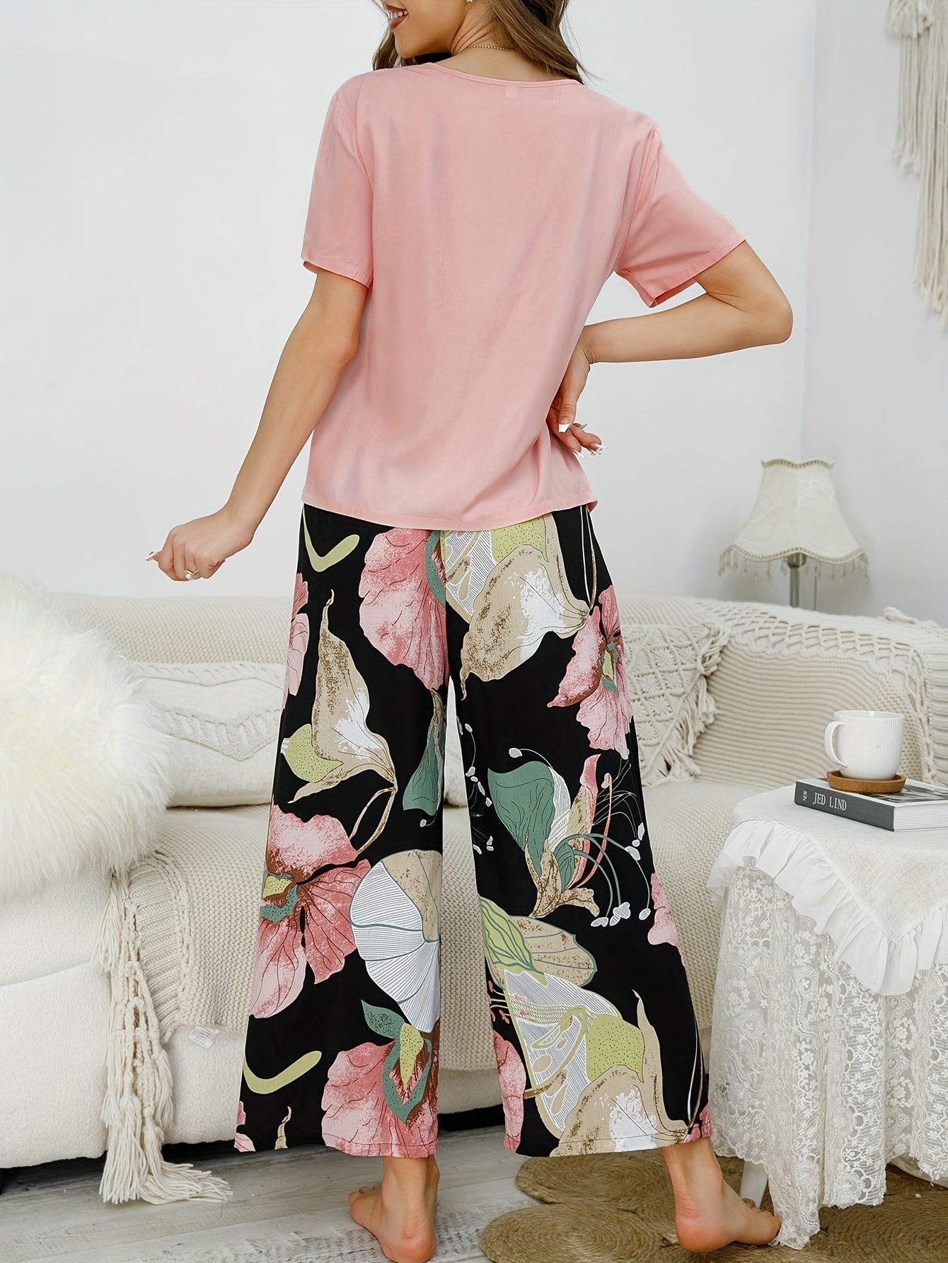 Floral Print Pajama Set Short Sleeve Top & Pants