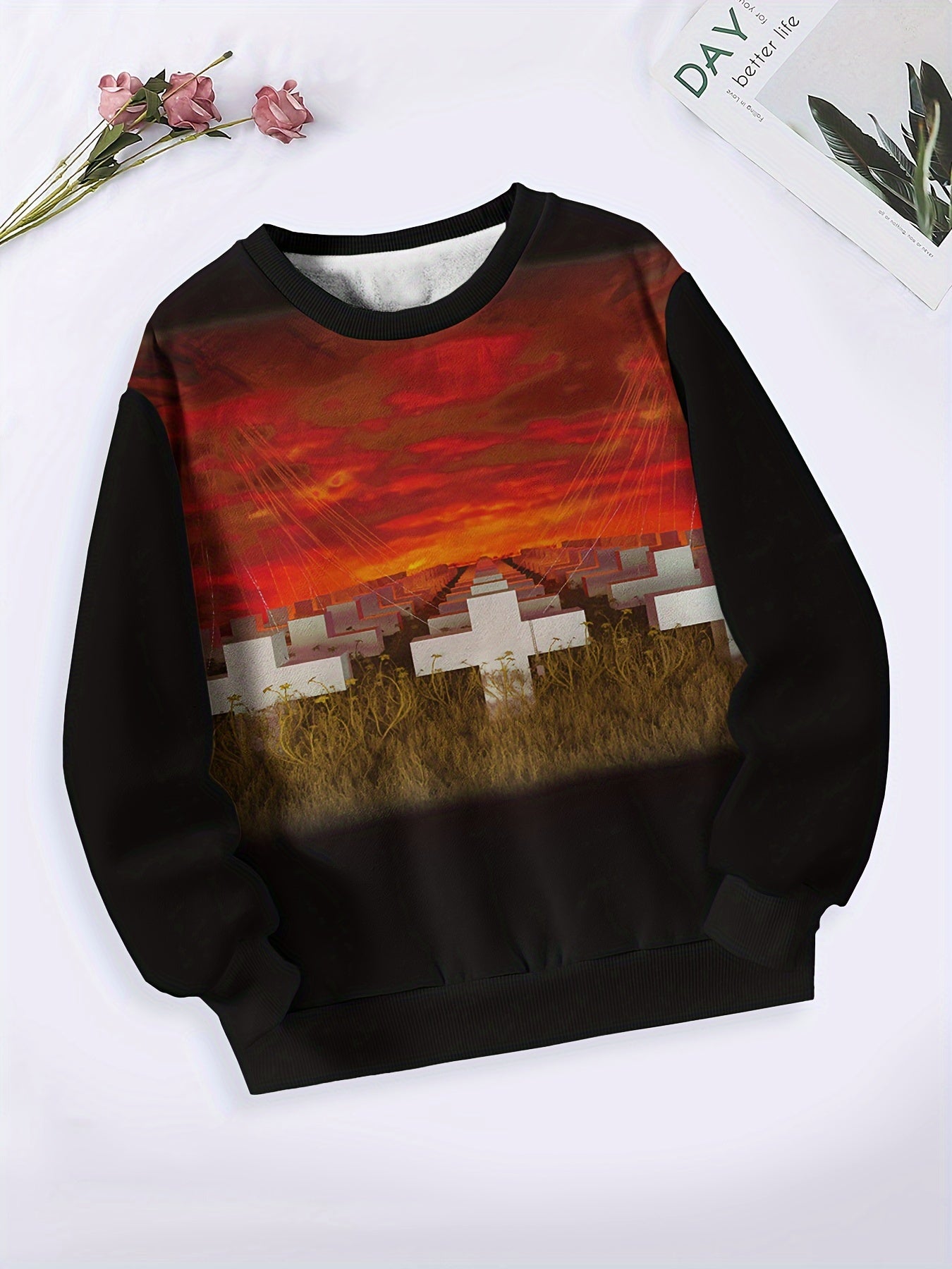 Sunset Cemetery Pattern Long Sleeve Crew Neck Sweatshirt