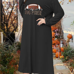 Sporty Lounge Dress Women's Plus Rugby & Leopard Letter Print Long Sle