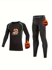2Pcs Kids Compression Fleece Sets Dragon Pattern Long Sleeve Crew Neck Pullover