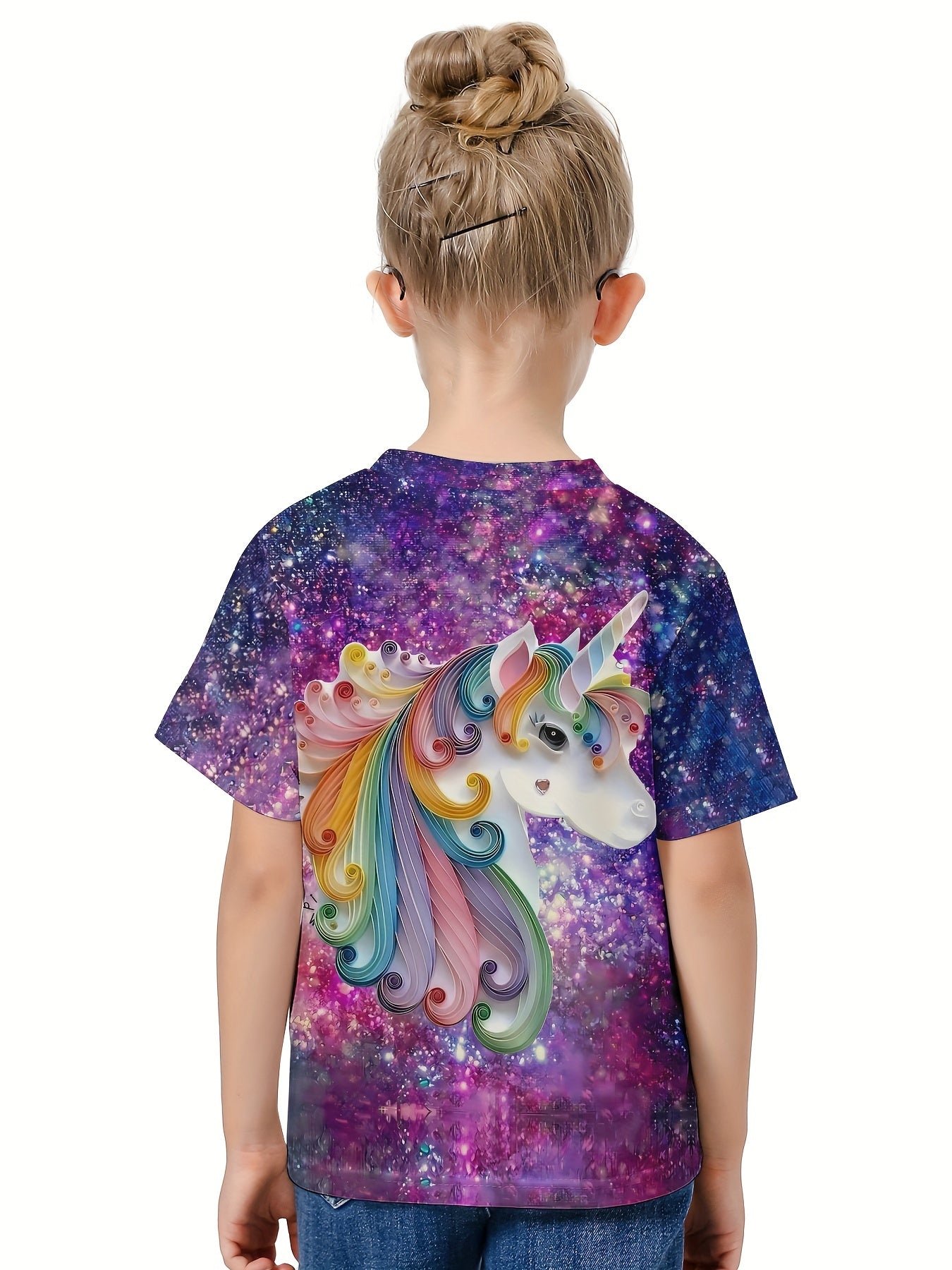 3D Starry Sky & Unicorn Graphic Short Sleeve T-shirt For Girls