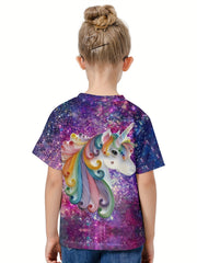 3D Starry Sky & Unicorn Graphic Short Sleeve T-shirt For Girls