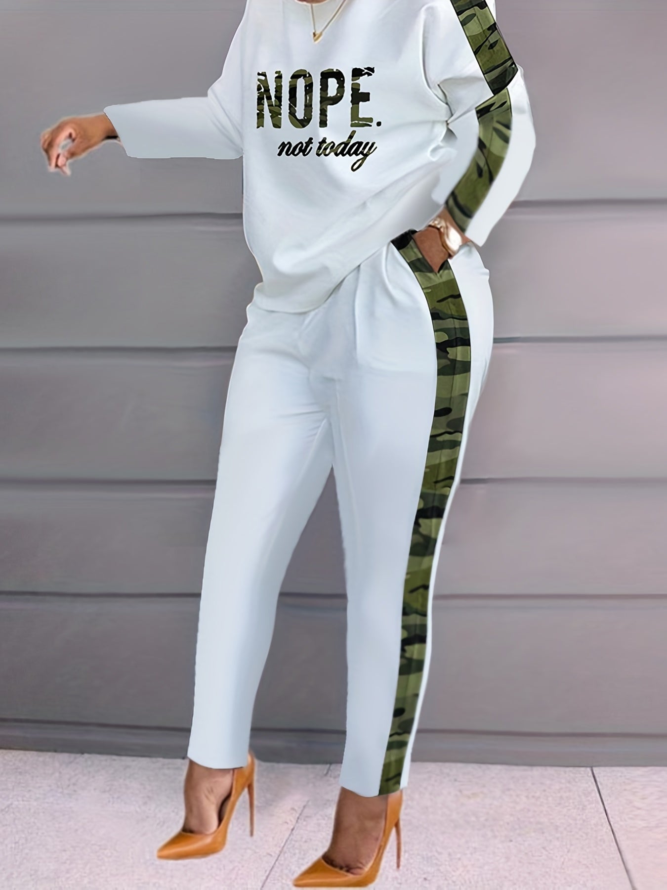 Camo Print Two Piece Set Letter Print Long Sleeve Tops & Wide Leg Pants