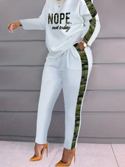 Camo Print Two Piece Set Letter Print Long Sleeve Tops & Wide Leg Pants