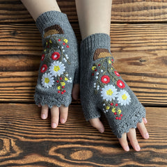 Hand Knit Fingerless Embroidery Floral Winter Woolen Gloves