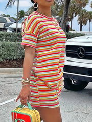 Striped Print Casual Two piece Set Crew Neck Short Sleeve Tee & Shorts