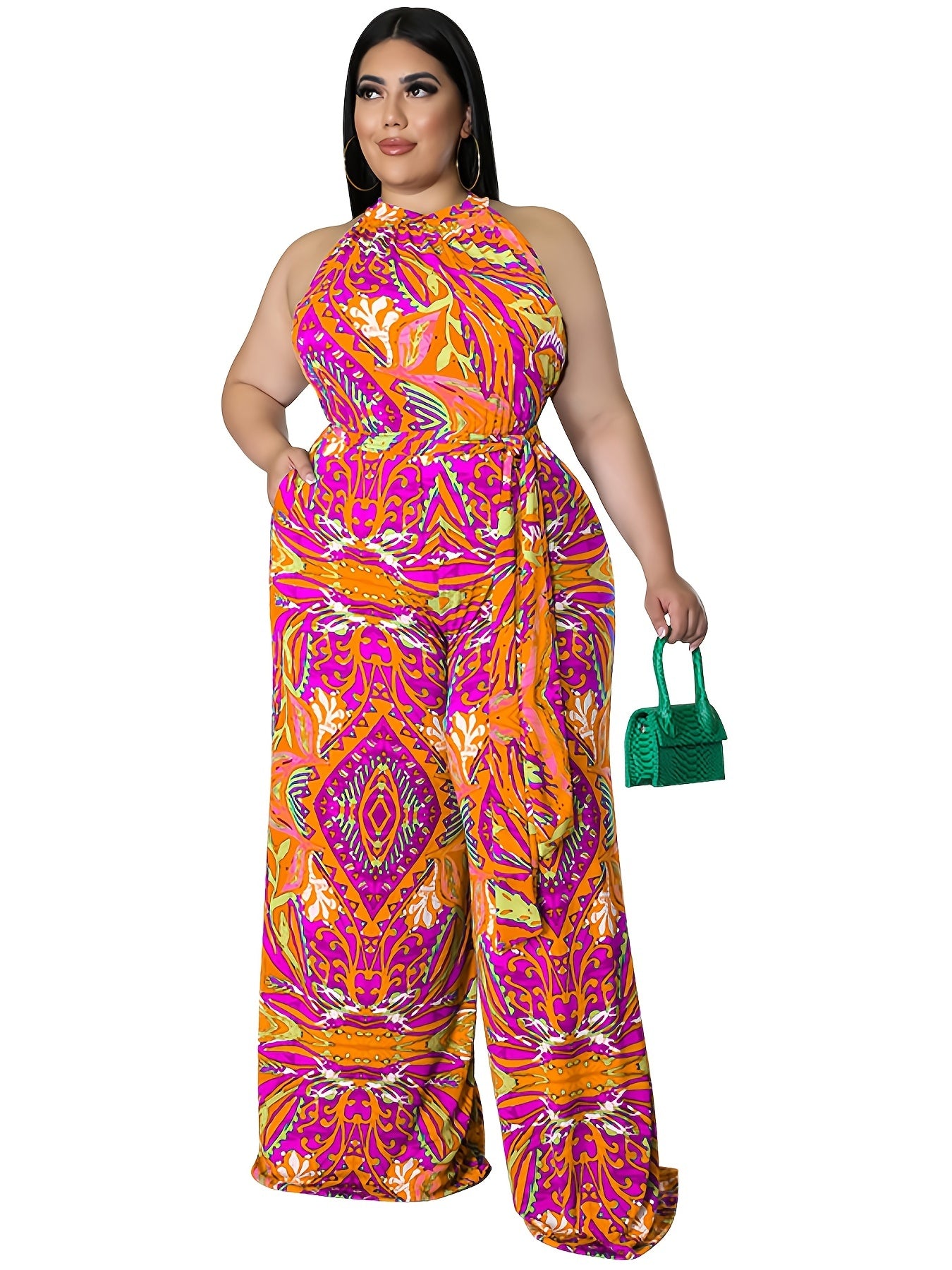 Paisley Print Halter Neck Wide Leg Jumpsuit Plus Size Medium Stretch