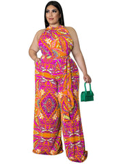 Paisley Print Halter Neck Wide Leg Jumpsuit Plus Size Medium Stretch