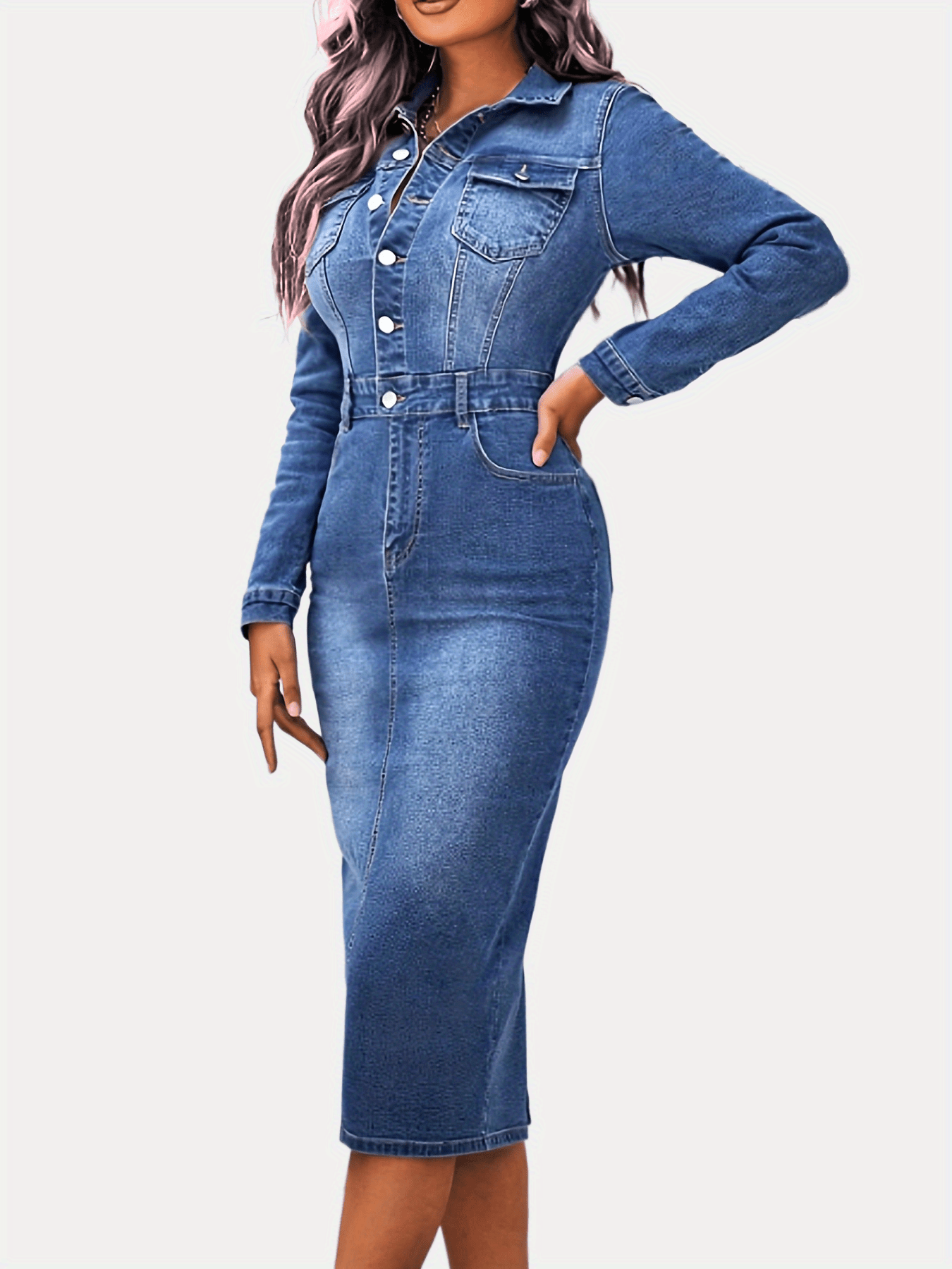 Long Sleeves Denim Dress Slim Fit Single Breasted Button Split Denim Dress