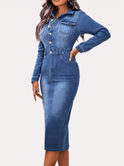Long Sleeves Denim Dress Slim Fit Single Breasted Button Split Denim Dress