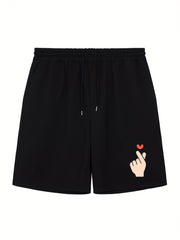 Men's Love Gesture Print Workout Shorts Breathable Drawstring Sports Shorts