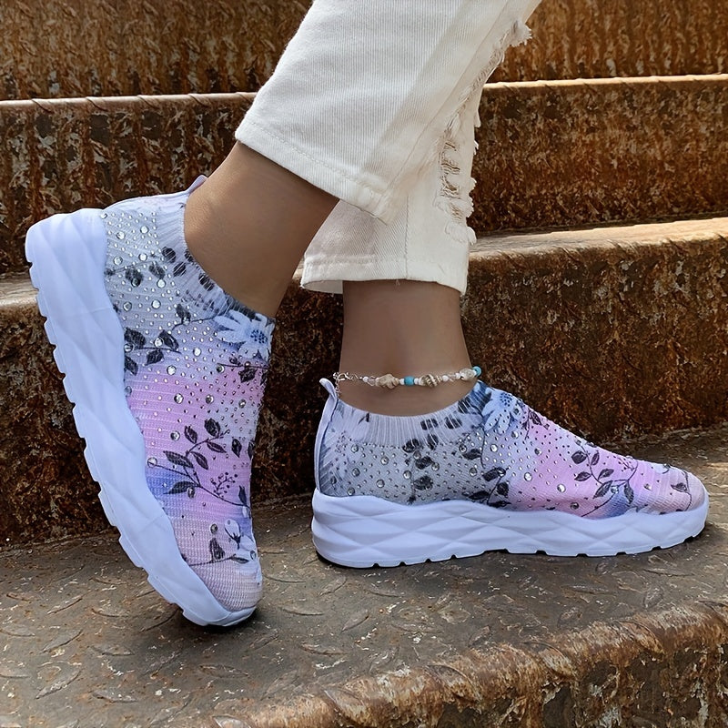 Floral Print Sock Sneakers Rhinestone Low Top Slip On Shoes