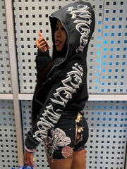 Y2k Sports Top Women's Plus Art Letter Print Zip Up Hooded Sweater