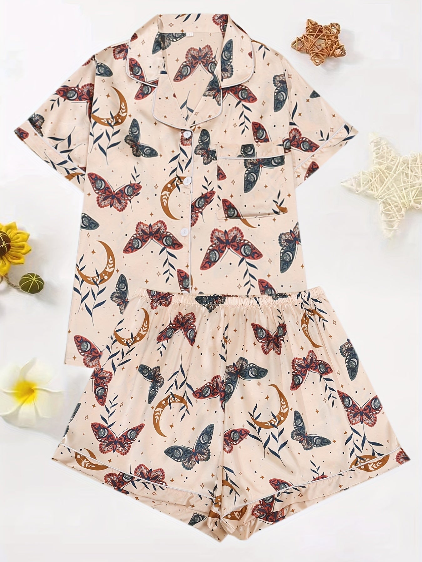 Butterfly Print Pajama Set Short Sleeve Button Up Shirt & Shorts