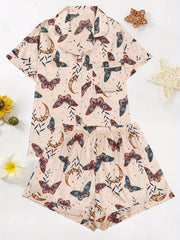 Butterfly Print Pajama Set Short Sleeve Button Up Shirt & Shorts