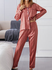 Striped Satin Pajama Set Long Sleeve Buttons Top & Elastic Waistband Pants