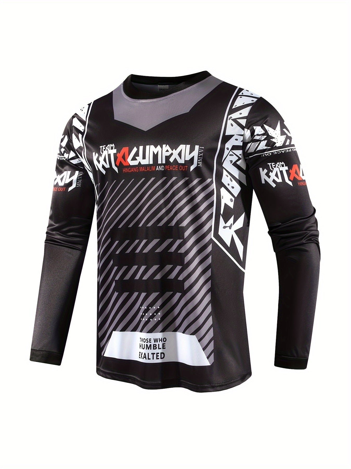 Men's Letters Pattern Shirt for Biking - Moisture Wicking Long Sleeve Crew Neck