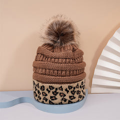 Leopard Fur Ball Beanie Women's Knitted Warm Hat Woolen Hat