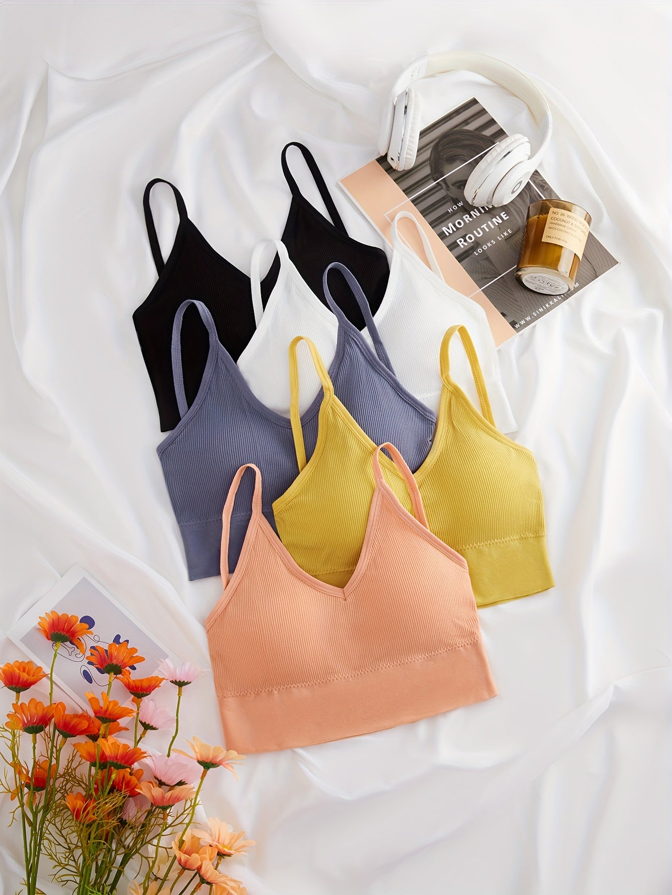 5pcs Ribbed Wireless Bras Comfy & Casual Back Bra Women's Lingerie