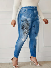 Women's Plus Denim & Floral Lion & Butterfly Print High Stretch Leggings