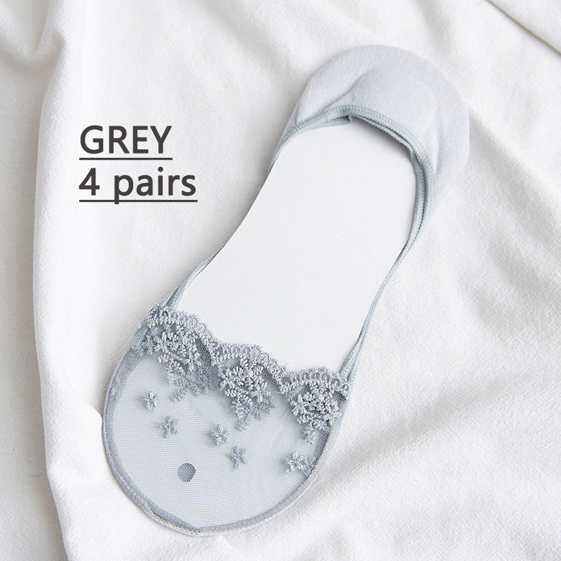 4 Pairs Lace Invisible Socks Ultra thin Breathable Non slip Boat Socks