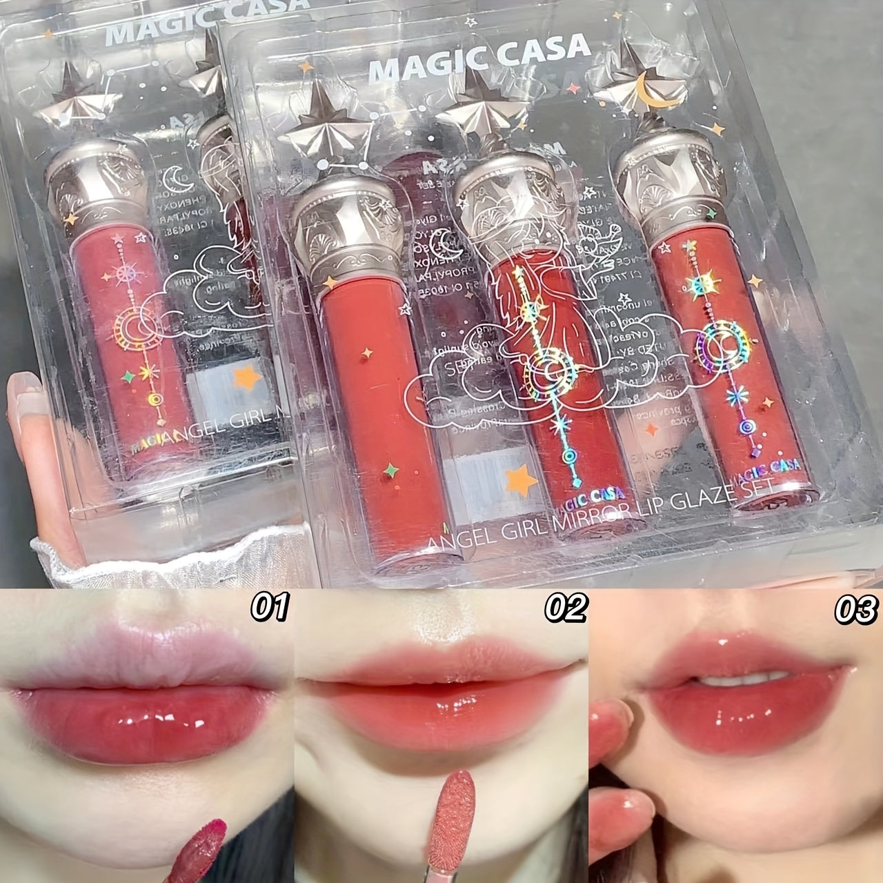 3pcs Little Star Stick Mirror Lip Glaze Hydrating Lip Gloss