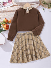Girls Colorblock Plaid Sweatshirt Top Plaid Skirt Set