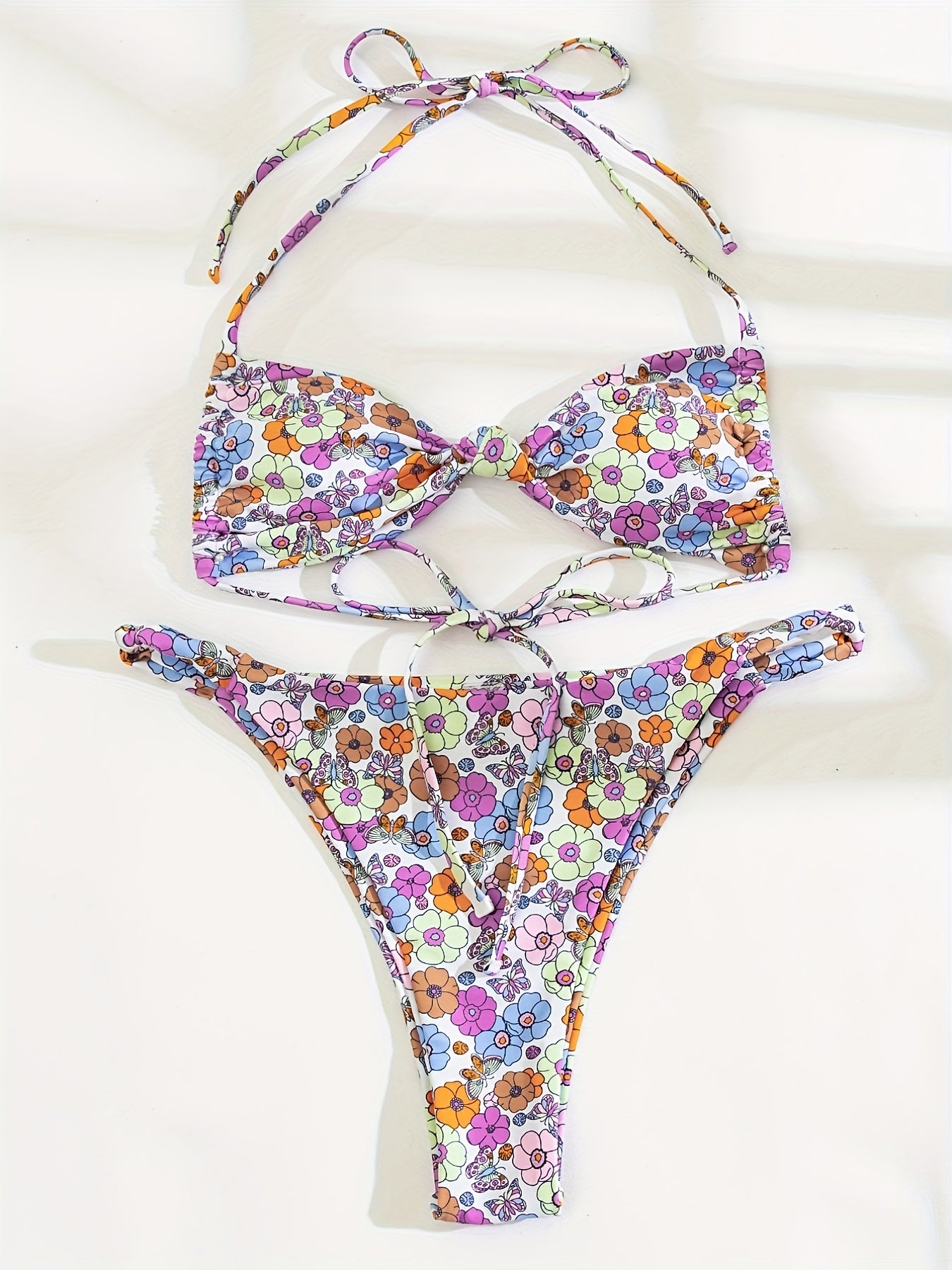 Purple Floral Print Halter Knot 2 Piece Bikini