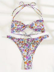 Purple Floral Print Halter Knot 2 Piece Bikini