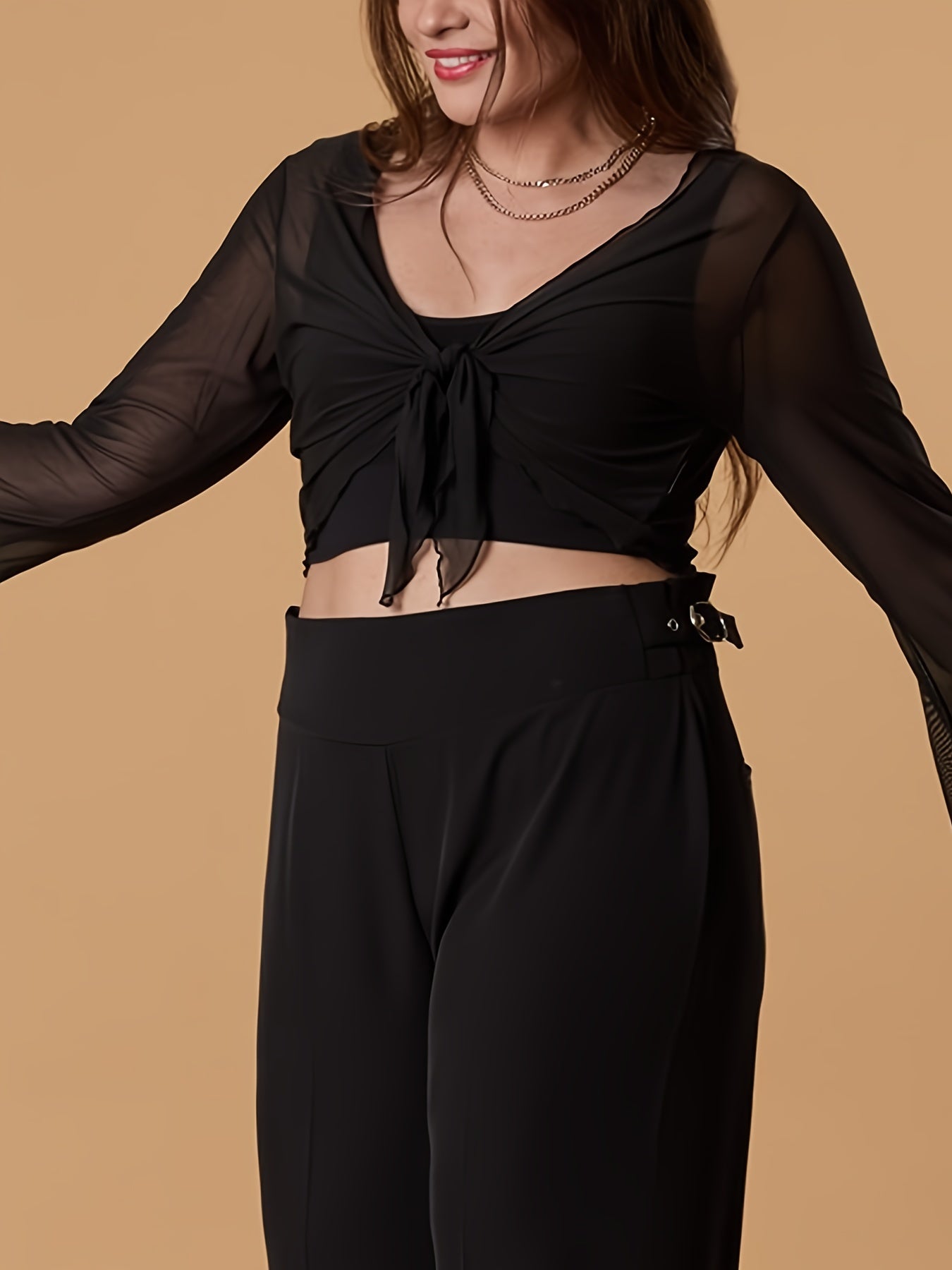 Solid Mesh Knot Front Bell Sleeve Cardigan Plus Size Semi-Sheer Top