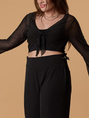 Solid Mesh Knot Front Bell Sleeve Cardigan Plus Size Semi-Sheer Top