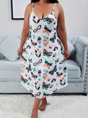 Butterfly & Floral Print Deep V Neck Cami Sleep Dress