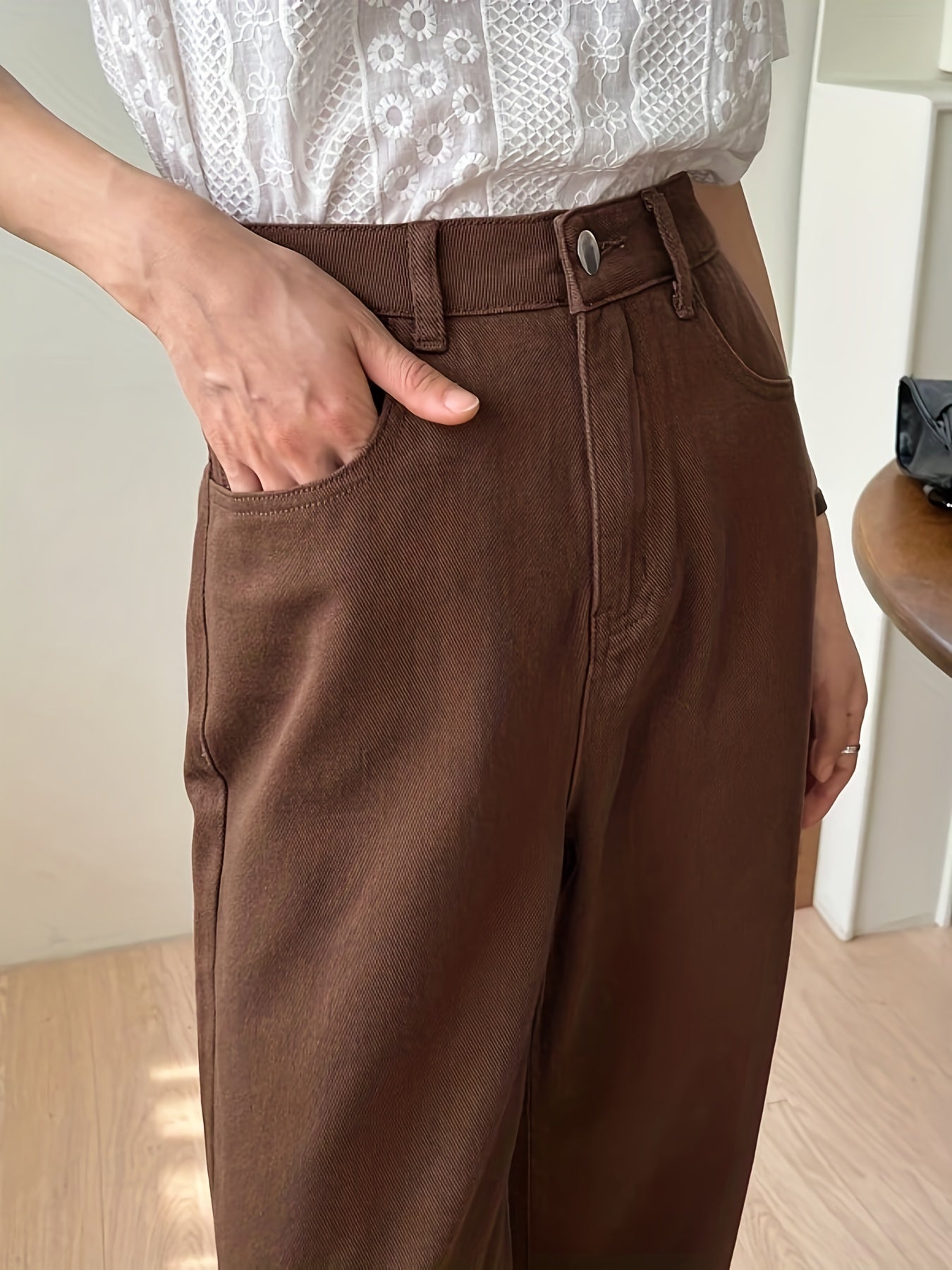 Brown Straight Jeans Non Stretch Casual Denim Pants Women's Jeans