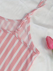 Striped Print Nightdress Sexy Ruffle Spaghetti Strap Sleep Dress