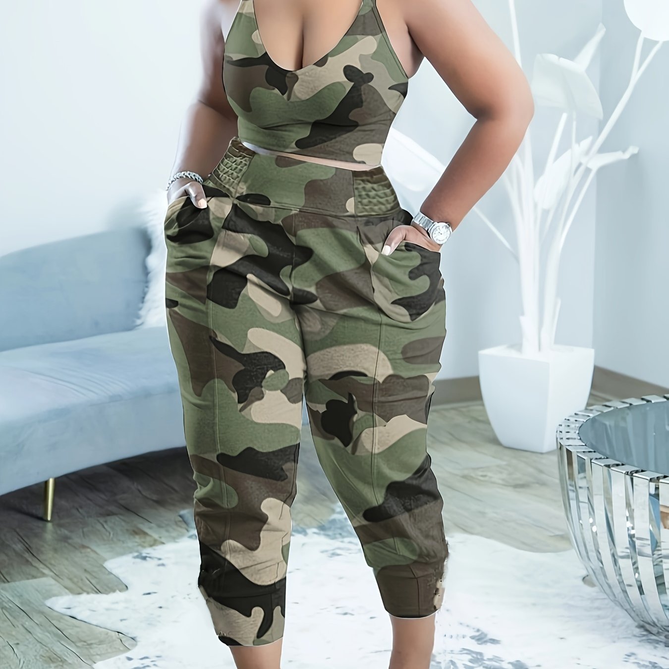 Camo Print Sexy Two piece Set V Neck Sleeveless Top & High Waist Pants