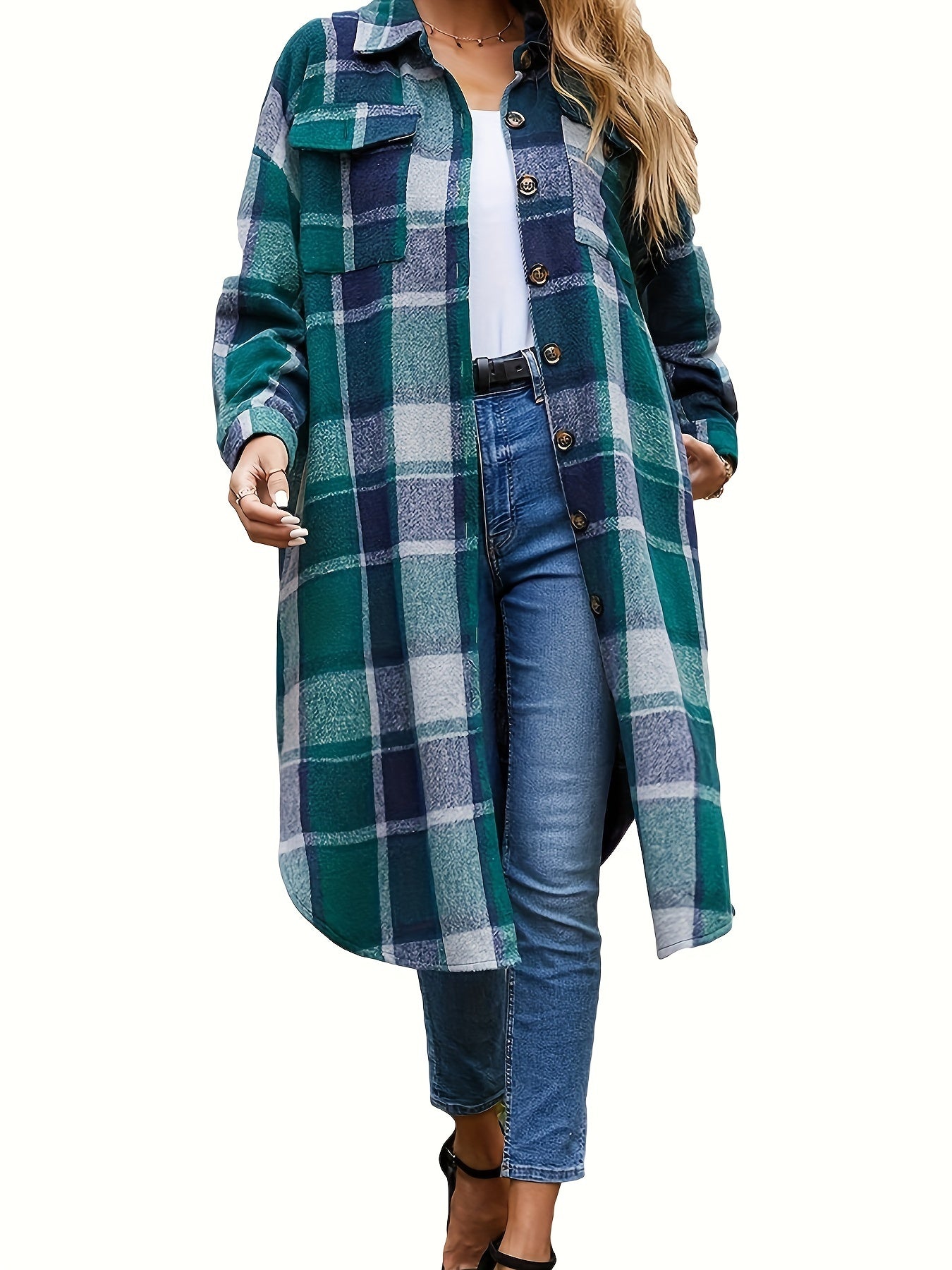 Plaid Print Shacket Jacket Button Front Long Sleeve Women's Outerwear