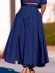 Casual Solid Maxi Skirt High Rise Stretch Belted With Pockets