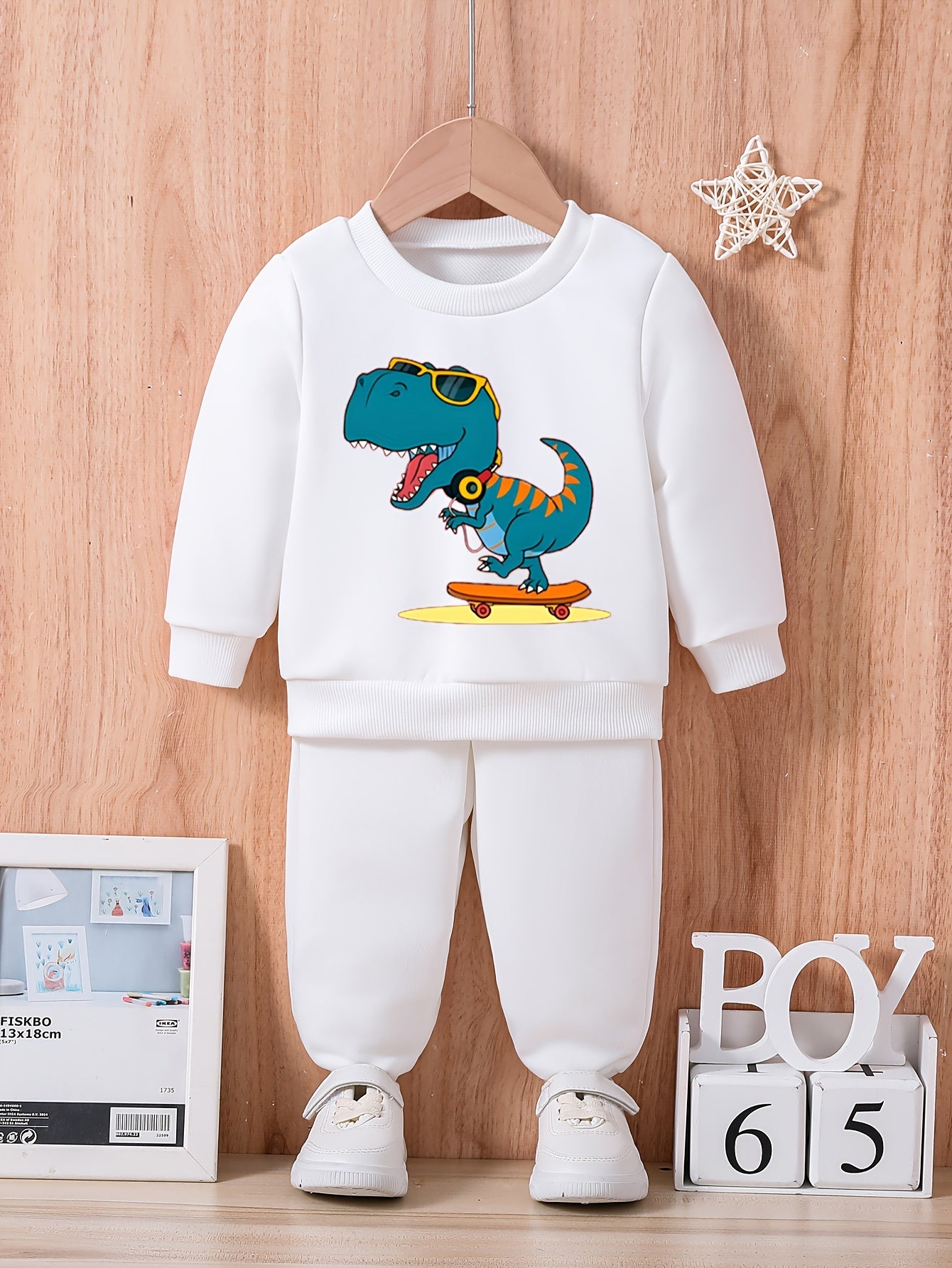 Baby Dinosaur Skateboard Print Casual Outfit Long Sleeve Sweatshirt Trousers Set