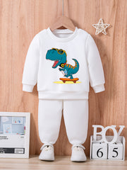 Baby Dinosaur Skateboard Print Casual Outfit Long Sleeve Sweatshirt Trousers Set
