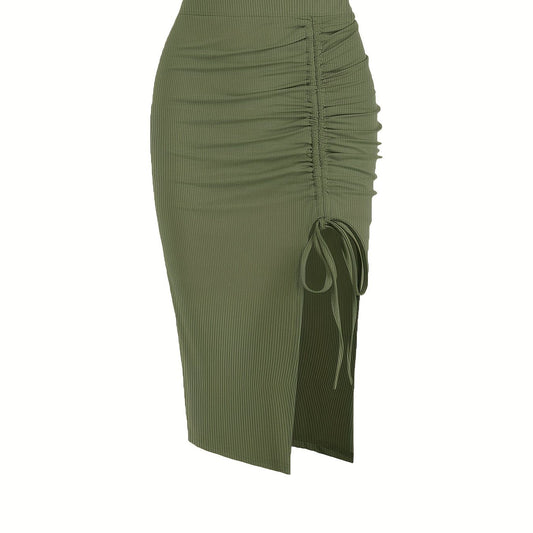 Ruched Split Skirt Bodycon Stretchy Casual Skirt