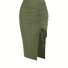 Ruched Split Skirt Bodycon Stretchy Casual Skirt