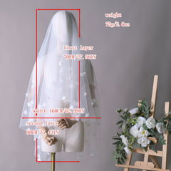 Romantic Floral Bridal Veil Hair Comb Double Layer 3D Flower Nylon